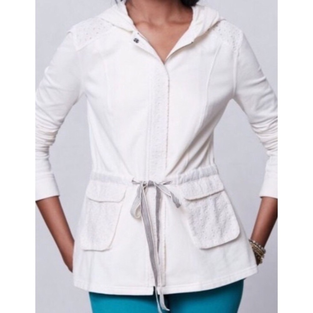 Anthropologie White Eyelet Zip Drawstring Jacket